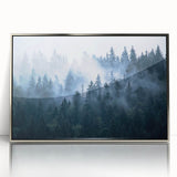 Framed acrylic wall art featuring a serene landscape design with mist and fog, set in a sleek silver frame, perfect for adding a calming touch to home decor.