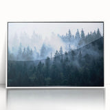 Framed acrylic wall art depicting a serene misty landscape, featuring soft gray and white tones that create a calming atmosphere, ideal for modern home decor.