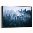 Framed canvas wall art featuring a serene landscape with mist and fog, set in a black frame. The design evokes tranquility, perfect for home decor enthusiasts.