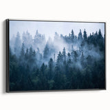 Framed canvas wall art featuring a serene landscape with mist and fog, set in a black frame. The design evokes tranquility, perfect for home decor enthusiasts.