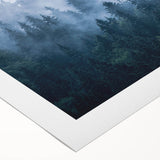 Serene landscape wall art featuring misty mountains and soft fog, printed on high-quality rolled canvas, ideal for soothing home decor. Perfect for nature enthusiasts.