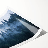 Rolled print showcasing a serene landscape design with misty fog, perfect for home decor. Features soft color gradients and an artistic, tranquil atmosphere.
