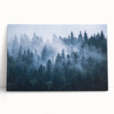 Stretched canvas wall art featuring a serene landscape design with misty fog, leaning against a textured wall, perfect for enhancing home décor aesthetics.