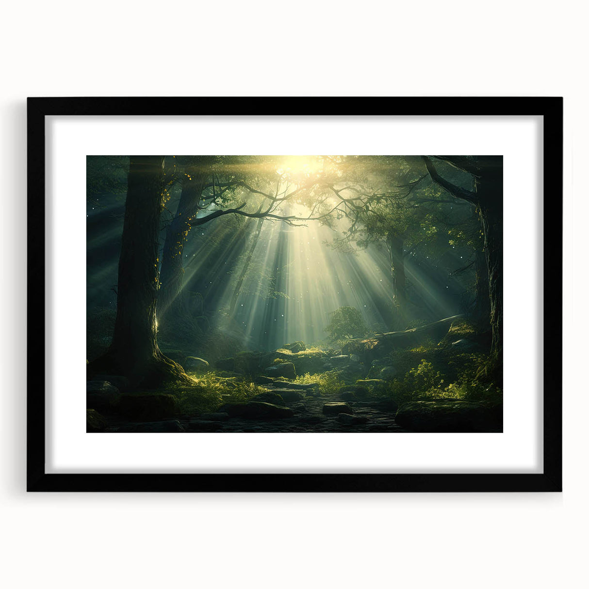 Framed wall art collection showcasing a misty landscape design, featuring soft gray and white tones with a sleek black frame and mat for an elegant finish. Ideal for enhancing home decor and creating a serene atmosphere.