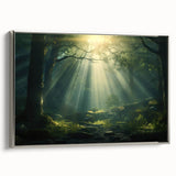 Framed canvas wall art featuring a serene landscape with mist and fog, showcasing a silver frame that complements the tranquil scene, ideal for home decor.