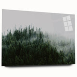 Acrylic glass wall art showcasing a serene landscape design with mist and fog, elegantly displayed from a side view, perfect for home decor enhancement.
