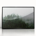 Framed acrylic wall art showcasing a serene landscape with mist and fog in soft gray and blue tones, perfect for modern home decor or office spaces.