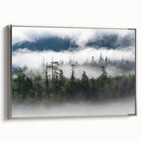 Framed canvas wall art featuring a serene landscape design with mist and fog, presented in a sleek silver frame, ideal for modern home decor.