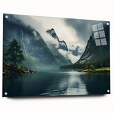 Acrylic wall art piece showcasing a misty landscape design with a fog effect, elegantly displayed from the side with visible mounting pins, perfect for modern decor.