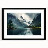 Framed wall art featuring a misty landscape design with foggy hues, set in a sleek black frame with a mat, perfect for enhancing modern decor.