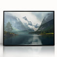 Framed acrylic wall art featuring a serene landscape shrouded in mist, with soft color gradients of gray and blue, ideal for modern home decor.