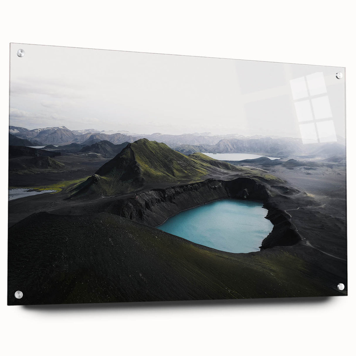 Acrylic glass wall art featuring a serene misty landscape design, presented in a side view with elegant pins for easy display. Ideal for modern home decor.