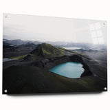 Acrylic glass wall art featuring a serene misty landscape design, presented in a side view with elegant pins for easy display. Ideal for modern home decor.