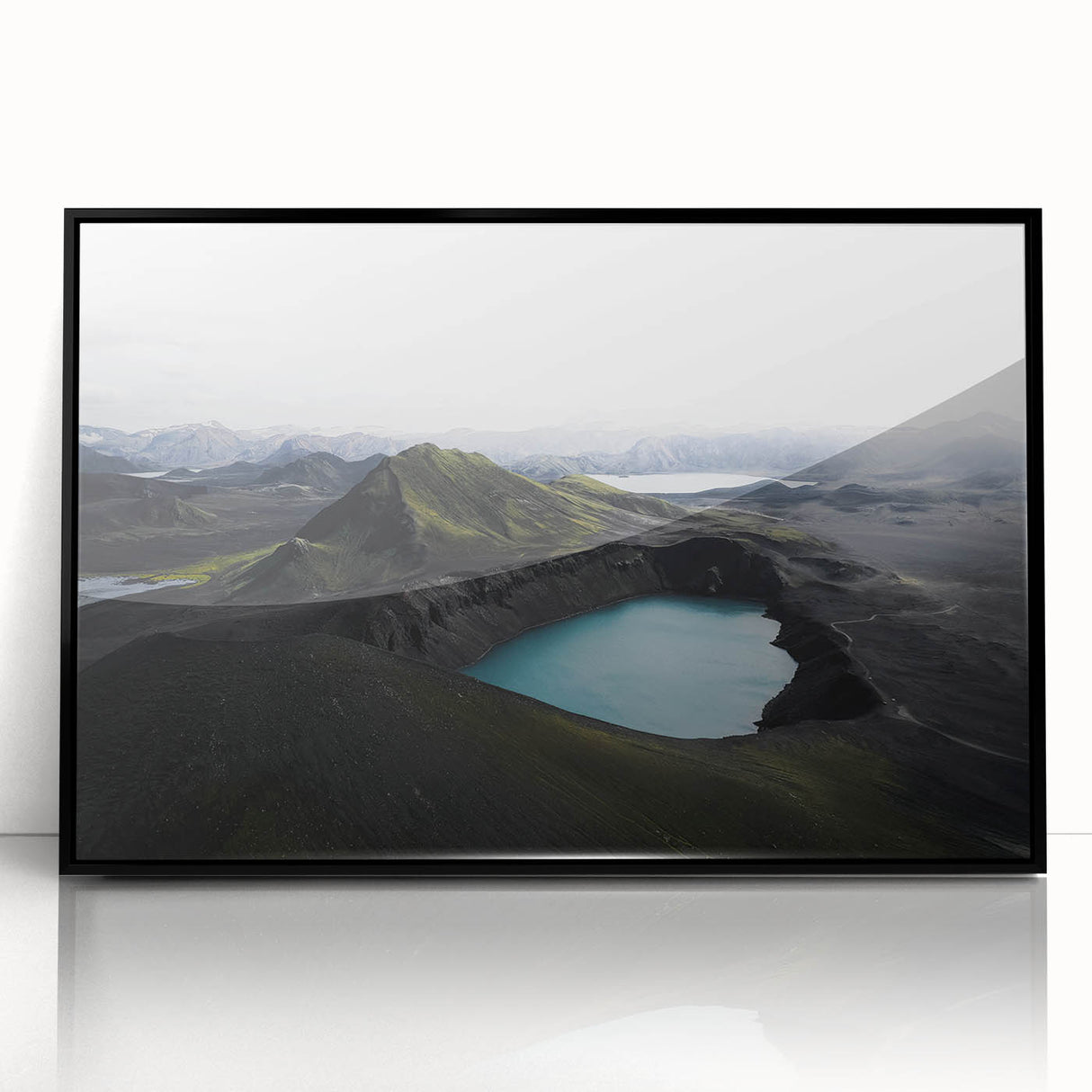 Framed acrylic wall art showcasing a serene misty landscape design with soft fog and muted colors, perfect for enhancing modern home decor.