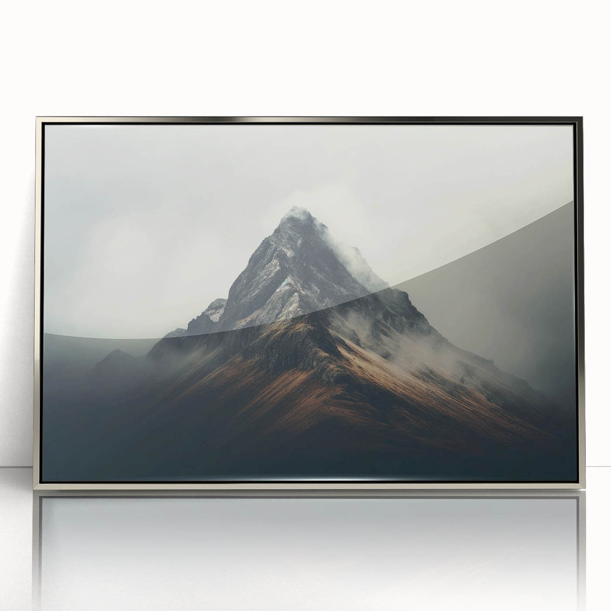 Framed acrylic wall art featuring a serene landscape design with mist and fog, showcasing soft colors and a modern silver frame, perfect for home decor.