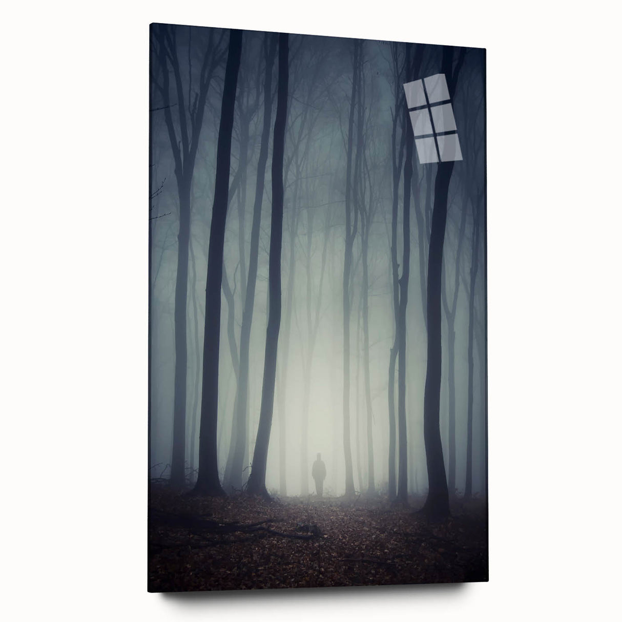 Acrylic glass wall art showcasing a serene landscape design enveloped in mist, emphasizing soft hues of blue and gray, perfect for modern home decor.