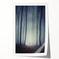 Mist-covered landscape wall art print showcasing soft, muted tones of blue and gray, ideal for adding a serene ambiance to home decor. Perfect for nature-inspired interiors.