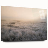 Acrylic wall art depicting a serene landscape shrouded in mist and fog, showcasing soft colors and an ethereal atmosphere, ideal for modern home decor.