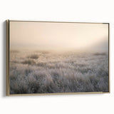Framed canvas wall art showcasing a misty landscape design, featuring soft gray and gold hues, ideal for adding a serene touch to home decor.