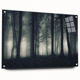 Acrylic glass wall art collection featuring a misty landscape design, showcasing serene fog-covered hills, elegantly displayed with pins on a white wall.