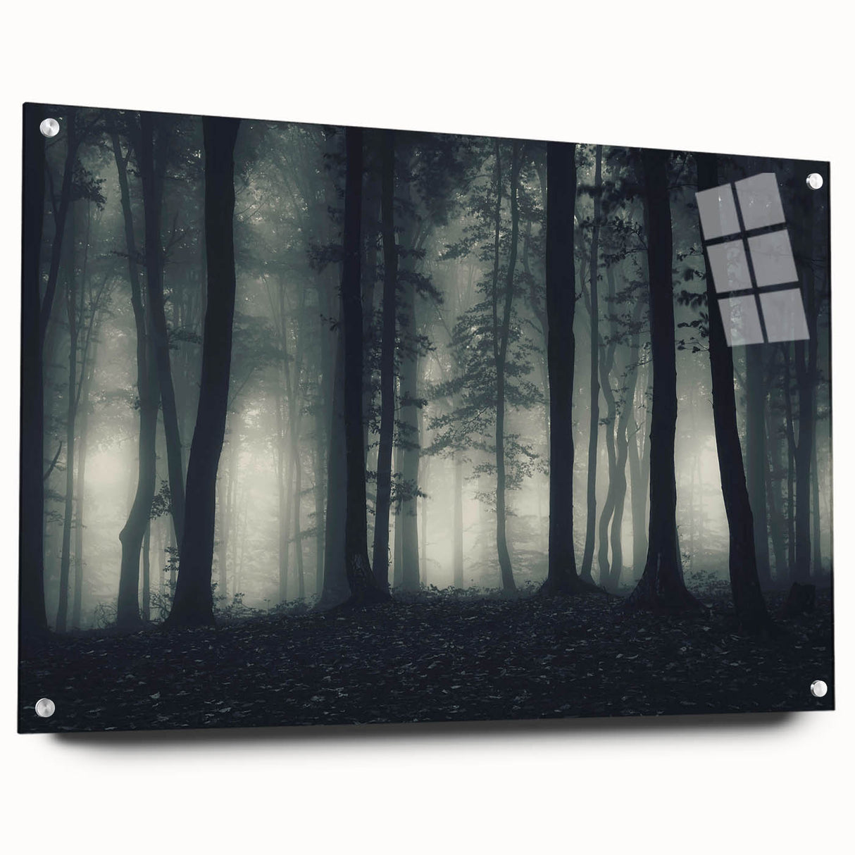 Acrylic glass wall art collection featuring a misty landscape design, showcasing serene fog-covered hills, elegantly displayed with pins on a white wall.