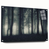 Acrylic glass wall art collection featuring a misty landscape design, showcasing serene fog-covered hills, elegantly displayed with pins on a white wall.