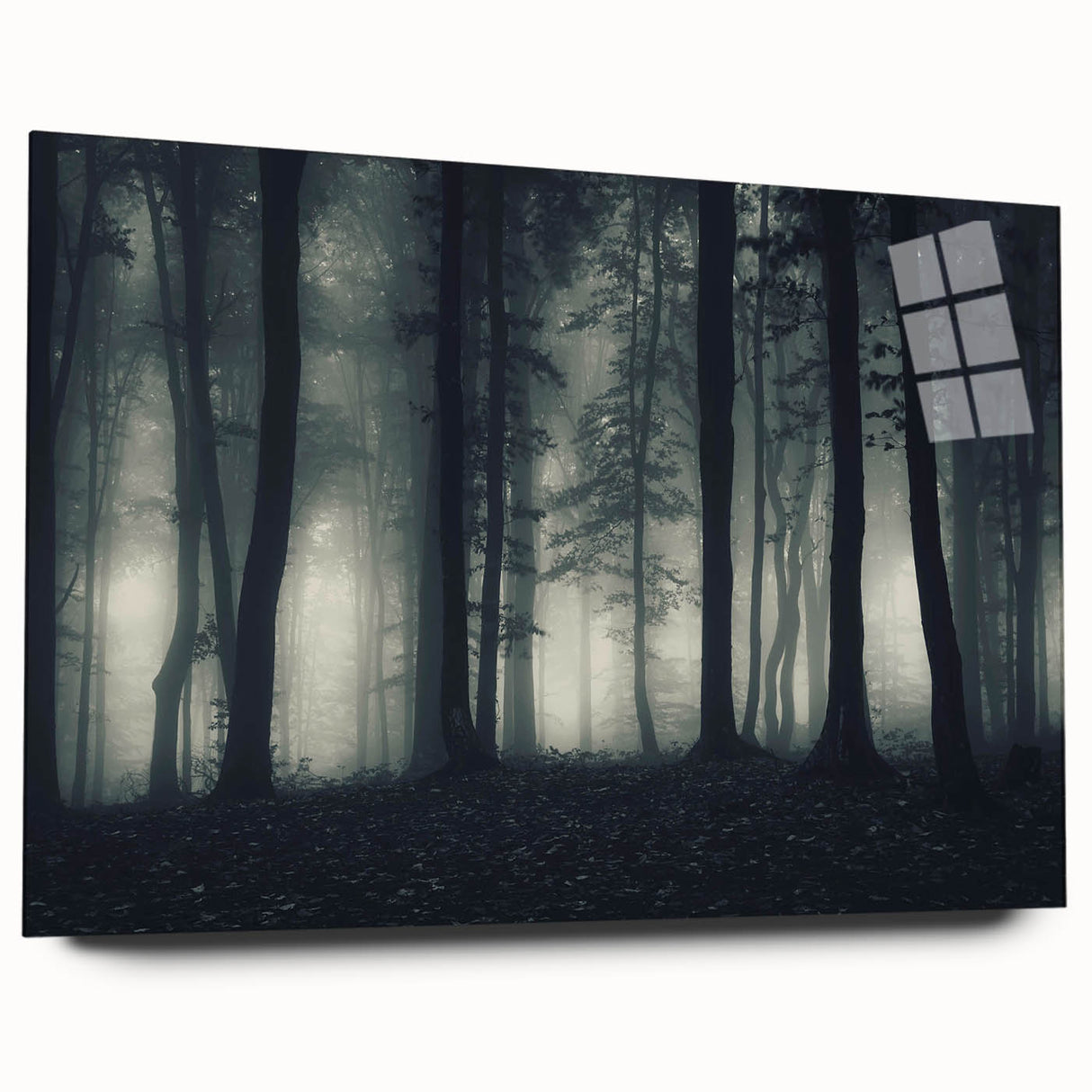 Acrylic glass wall art collection showcasing a serene misty landscape design, highlighting soft hues of blue and gray, perfect for modern decor.