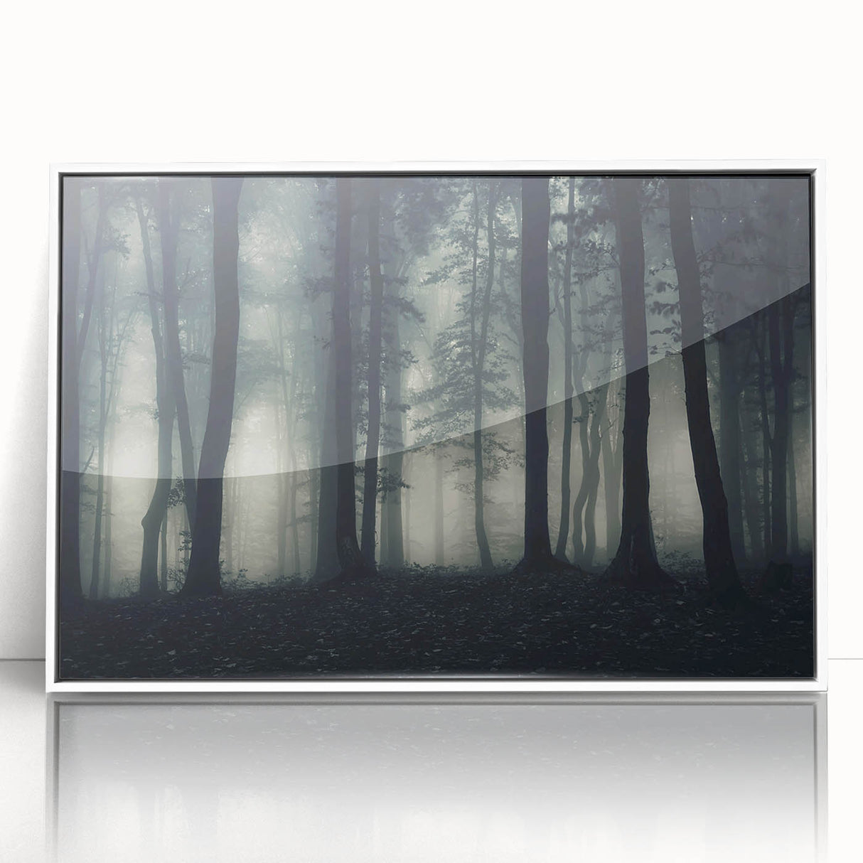 Framed acrylic wall art collection showcasing a serene landscape design with mist and fog, set in a sleek white frame, perfect for modern home decor.