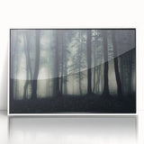 Framed acrylic wall art collection showcasing a serene landscape design with mist and fog, set in a sleek white frame, perfect for modern home decor.