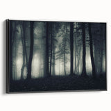 Framed canvas wall art featuring a misty landscape design, showcasing muted colors of gray and blue with a sleek black frame, ideal for modern decor.