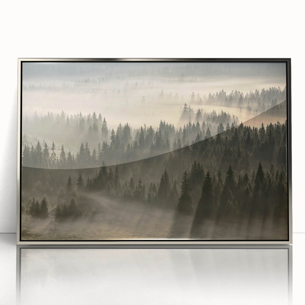Framed acrylic wall art featuring a misty landscape design in muted colors, highlighted with a sleek silver frame, perfect for modern home decor accents.