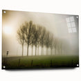 Acrylic glass wall art showcasing a serene misty landscape design, featuring soft hues of blue and gray, elegantly displayed with pins for a modern touch. Ideal for enhancing home decor with a calming, nature-inspired aesthetic.