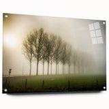 Acrylic glass wall art showcasing a serene misty landscape design, featuring soft hues of blue and gray, elegantly displayed with pins for a modern touch. Ideal for enhancing home decor with a calming, nature-inspired aesthetic.