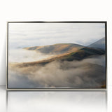 Framed acrylic wall art featuring a serene landscape design with mist and fog, showcasing soft colors and a silver frame, perfect for modern home decor.