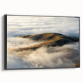 Framed canvas wall art showcasing a misty landscape design with soft fog, featuring a sleek black frame, ideal for modern home decor and enhancing ambiance.