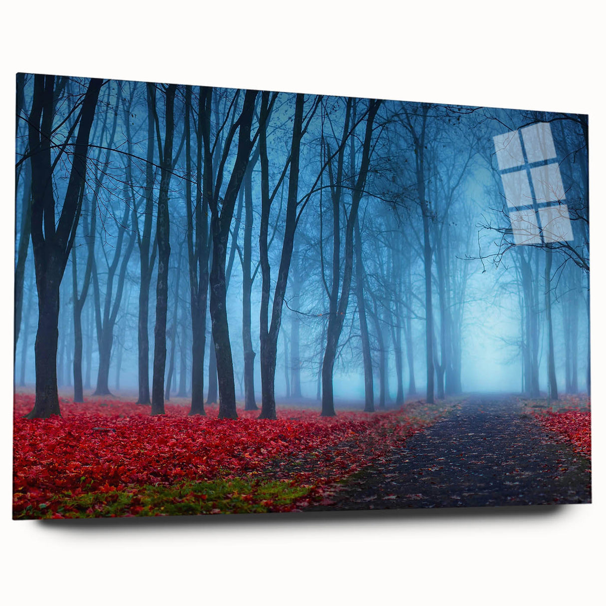 Acrylic wall art design showcasing a serene landscape with mist and fog, presented in a side view, highlighting its elegant colors and smooth finish. Perfect for modern home decor.