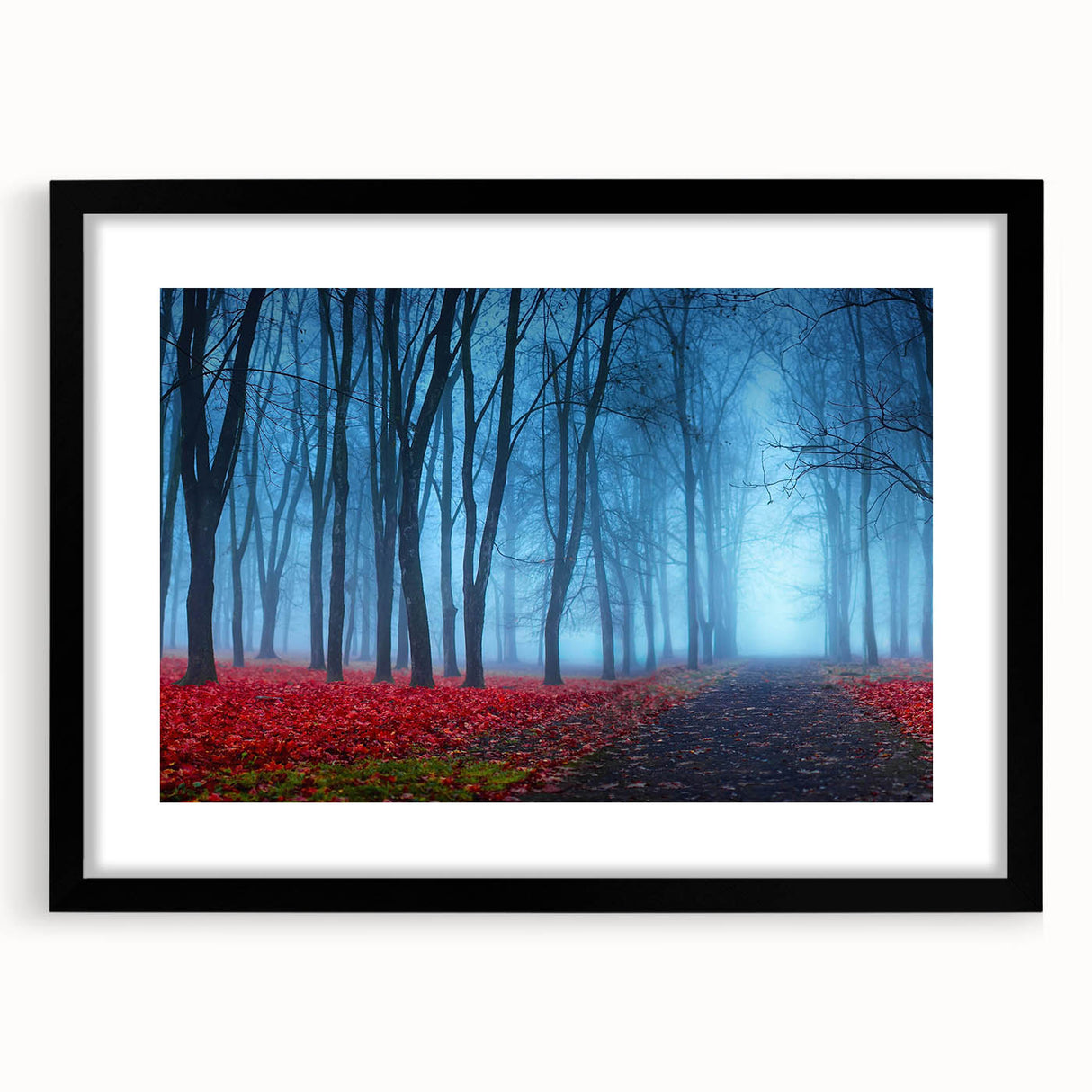 Framed wall art featuring a misty landscape design in soft hues of gray and blue, enhancing modern decor with a sleek black frame and mat.