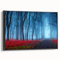 Framed canvas wall art featuring a serene landscape design with mist and fog, showcasing soft gray and blue tones, ideal for modern home decor.