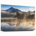 Acrylic wall art collection titled "Landscapes Mist & Fog," showcasing a serene side view with soft pastel colors and pins for easy hanging, perfect for modern decor.