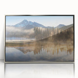 Framed acrylic wall art showcasing a serene misty landscape design with soft gray and silver tones, perfect for modern home decor and enhancing tranquil spaces.