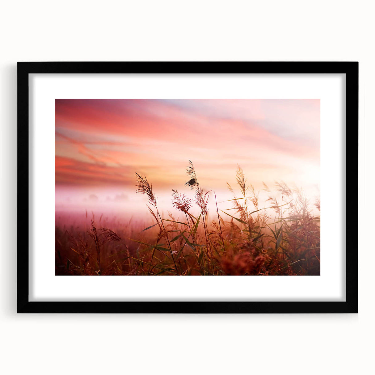 Framed wall art featuring a misty landscape design in muted tones, showcasing a serene foggy scene, presented in a sleek black frame with a mat, perfect for home décor.