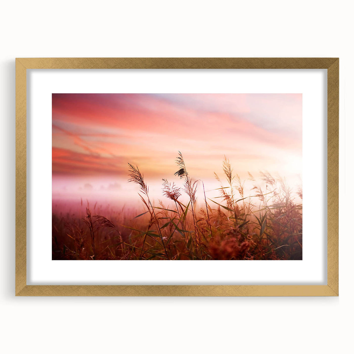 Framed wall art featuring a misty landscape design with soft fog and gold accents, perfect for adding elegance to home decor. The artwork is displayed in a matte finish, enhancing its serene aesthetic appeal.