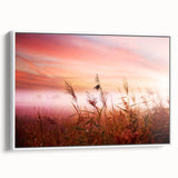 Framed wall art featuring a serene landscape design with mist and fog, showcasing soft pastel colors. The canvas is elegantly displayed with a white frame, perfect for modern home decor.
