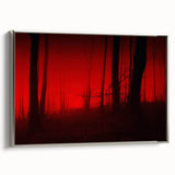 Framed canvas wall art showcasing a serene landscape design with mist and fog, featuring a silver frame, ideal for modern home decor.