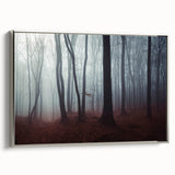 Framed canvas wall art showcasing a serene landscape design with mist and fog, featuring a silver frame and side view, ideal for enhancing home decor.