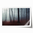 Rolled print of a misty landscape featuring soft hues of gray and blue, elegantly designed for wall decor, showcasing serene natural beauty and tranquility.