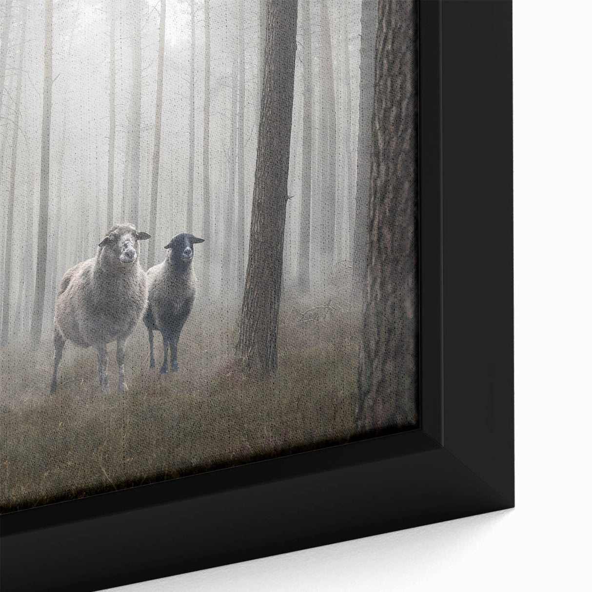Close-up of a framed canvas featuring a serene landscape design, showcasing misty fog enveloping rolling hills in soft pastel colors, perfect for home decor.
