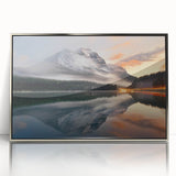 Framed wall art featuring a serene landscape design with mist and fog, showcasing soft colors and a silver frame, perfect for modern decor.