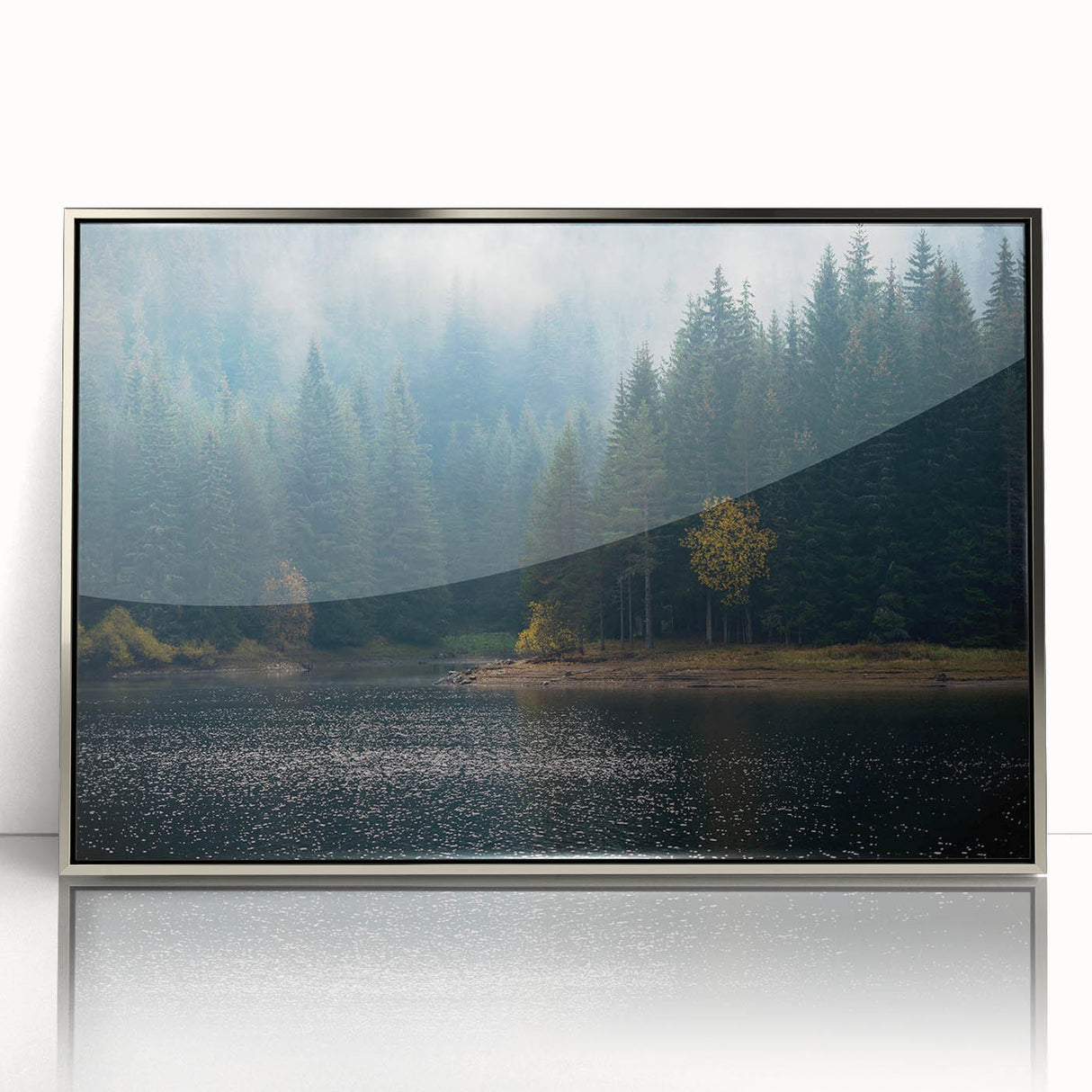 Framed acrylic wall art featuring a serene landscape design with mist and fog, presented in a silver frame, perfect for enhancing modern interior decor.