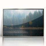Framed acrylic wall art featuring a serene landscape design with mist and fog, presented in a silver frame, perfect for enhancing modern interior decor.